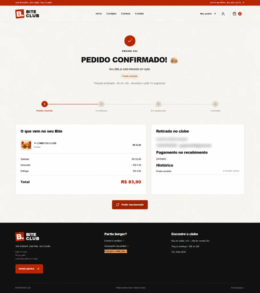 Bite Club - Acompanhamento pedido - plataforma para hamburgueria desenvolvida pela RB SITE