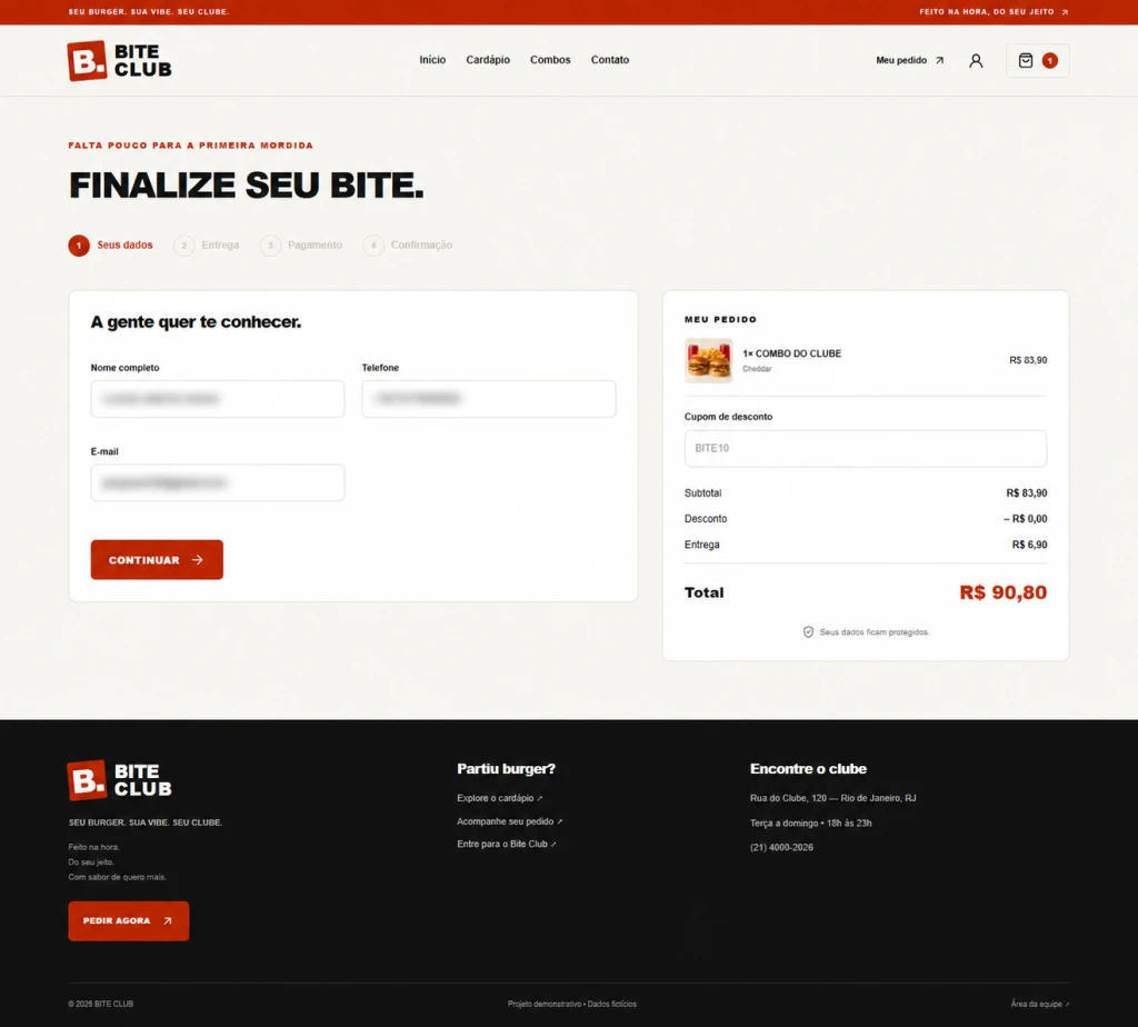 Bite Club - Checkout dados cliente - plataforma para hamburgueria desenvolvida pela RB SITE