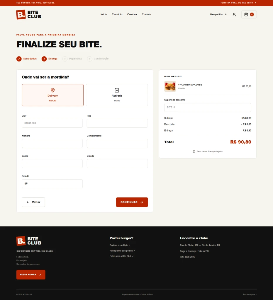 Bite Club - Checkout delivery - plataforma para hamburgueria desenvolvida pela RB SITE