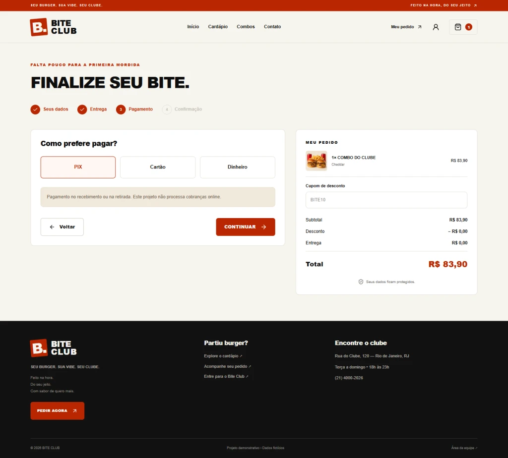 Bite Club - Checkout pagamento - plataforma para hamburgueria desenvolvida pela RB SITE