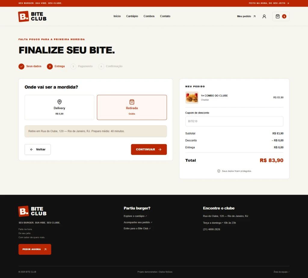 Bite Club - Checkout retirada - plataforma para hamburgueria desenvolvida pela RB SITE
