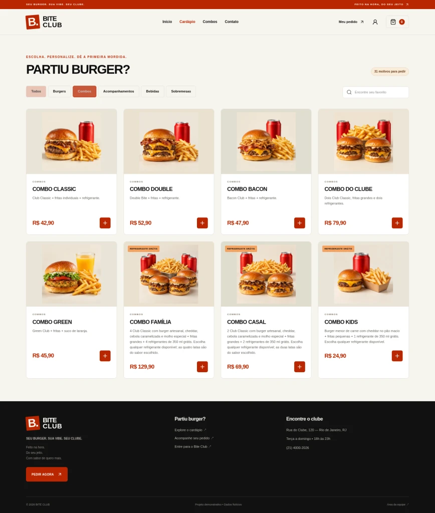 Bite Club - Combos hamburgueres - plataforma para hamburgueria desenvolvida pela RB SITE