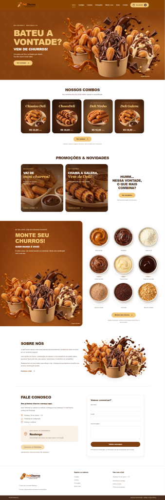 Site para churros artesanais DeliChurros com combos, promoções e opções de personalização